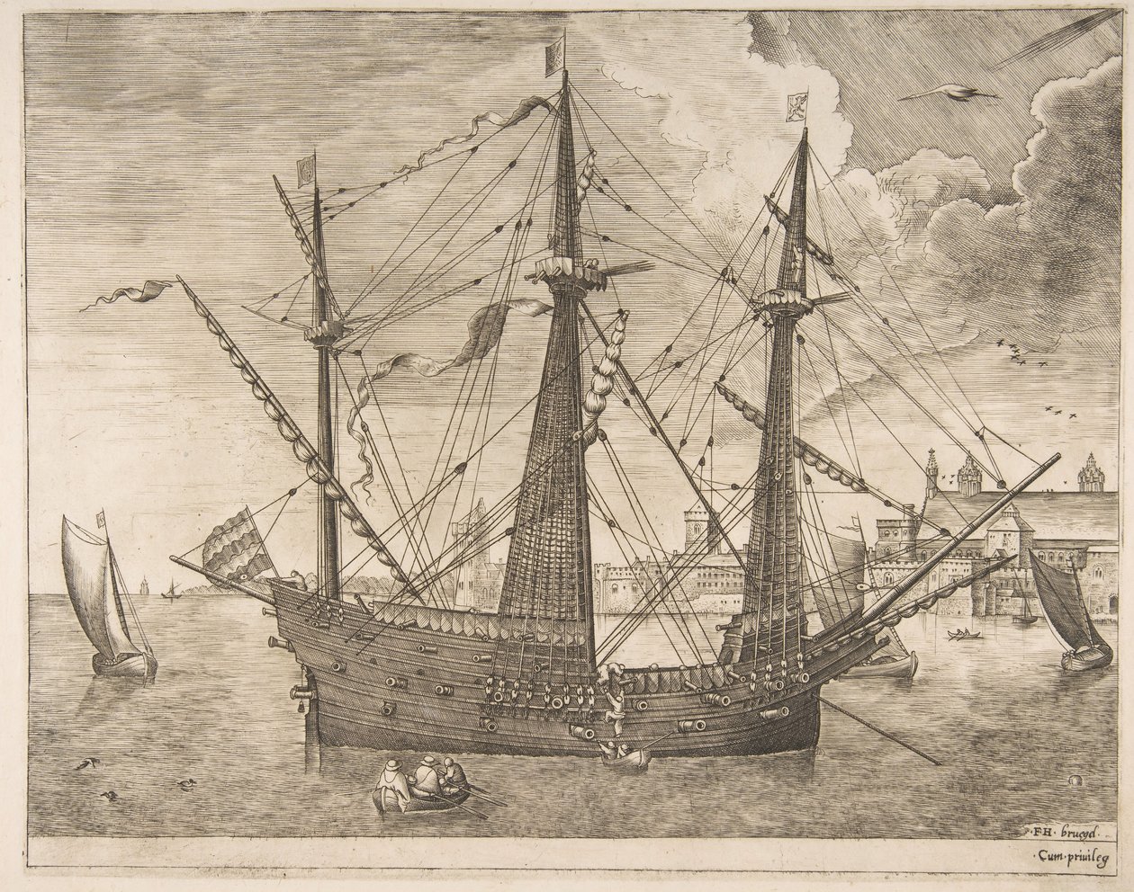 Beväpnad tremästare ankrade nära en stad från segelfartygen, ca. 1555-56. av Frans Huys