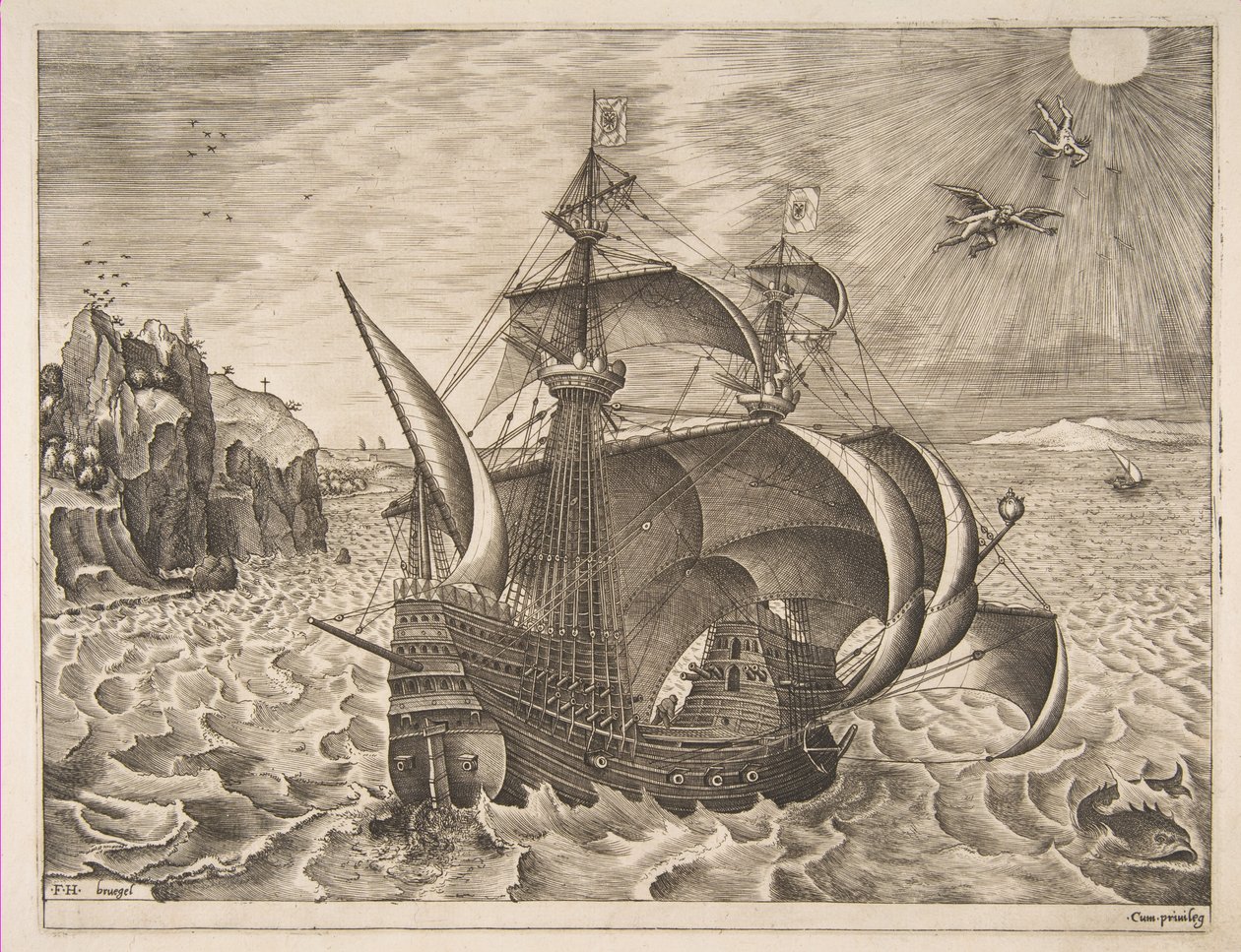 Beväpnad tremästare med Daedalus och Ikaros i himlen från Segelfartygen, 1561-65. av Frans Huys