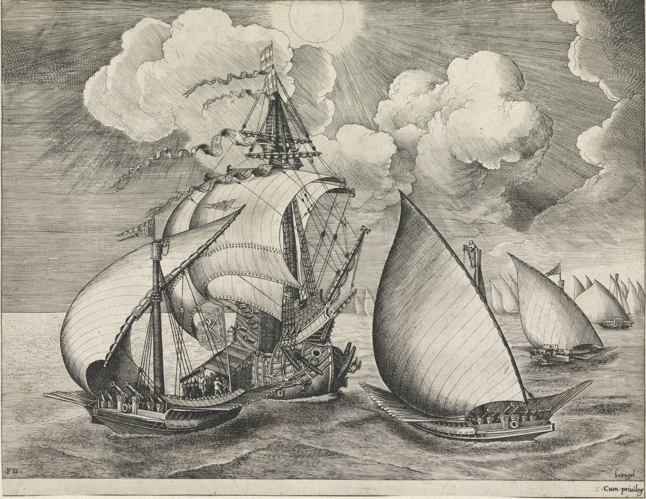 En flotta av beväpnade galärer åtföljda av ett krigsskepp Segelfartyg (serietitel) av Frans Huys