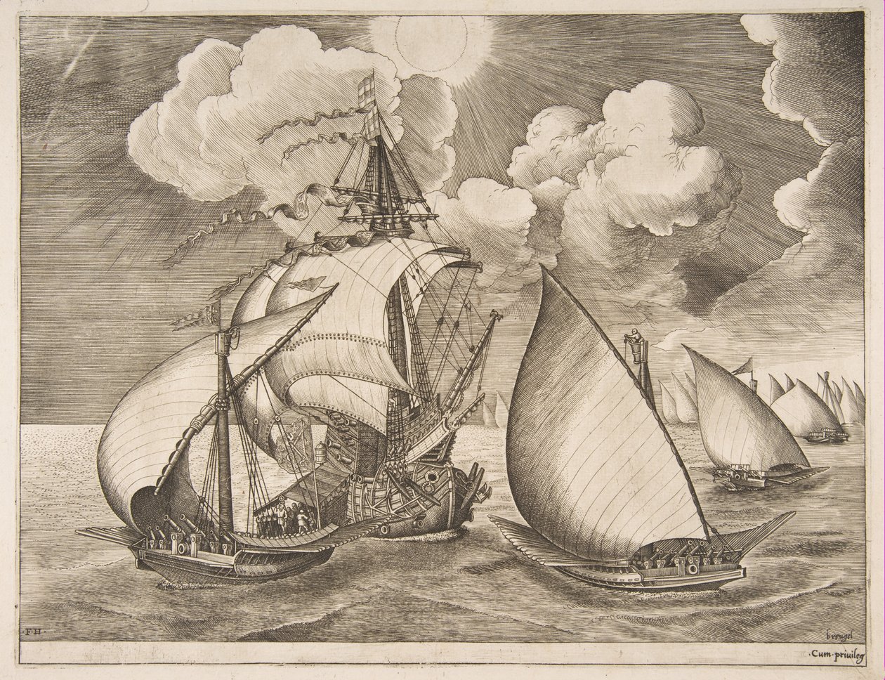 Galärflotta eskorterad av en karavel från segelfartygen, 1561-65. av Frans Huys