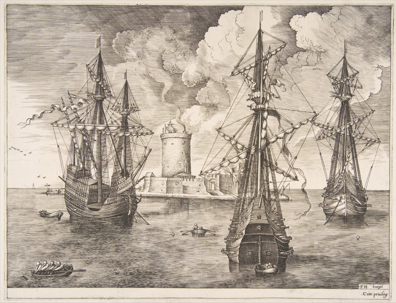 Fyrmästare och två tremästare ankrade nära en befäst ö från The Sailing Ves..., 1561-65. av Frans Huys
