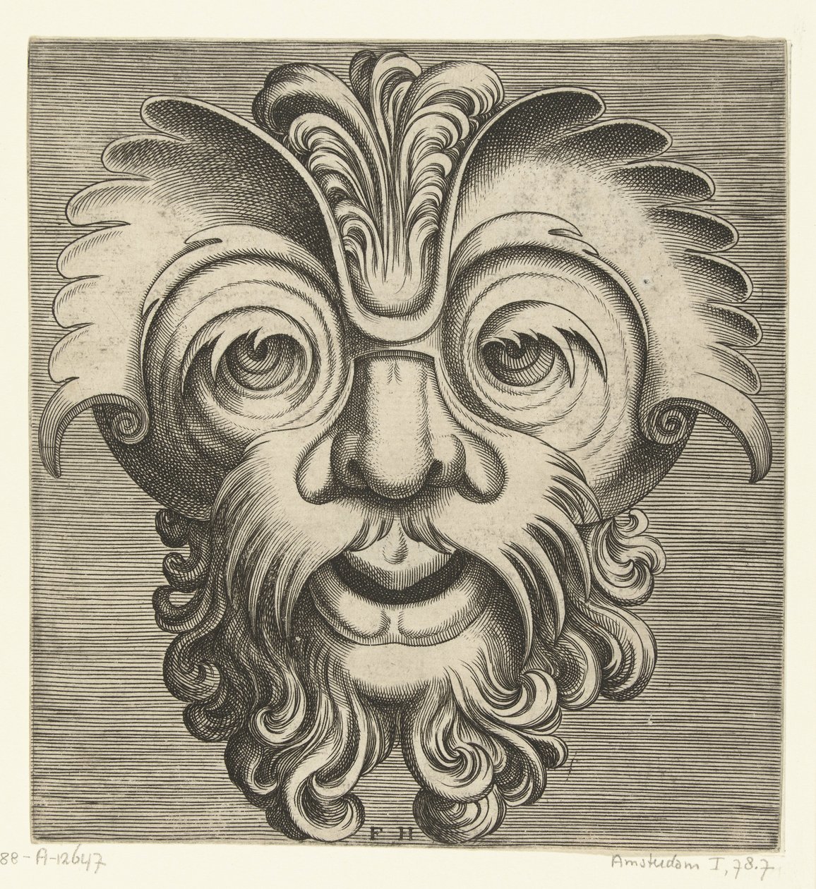 Mask med skägg och mustasch med lockar, en tofs lockar vilar på näsroten Pourtraicture ingenieuse de plusieurs facons de masques... (serietitel) av Frans Huys