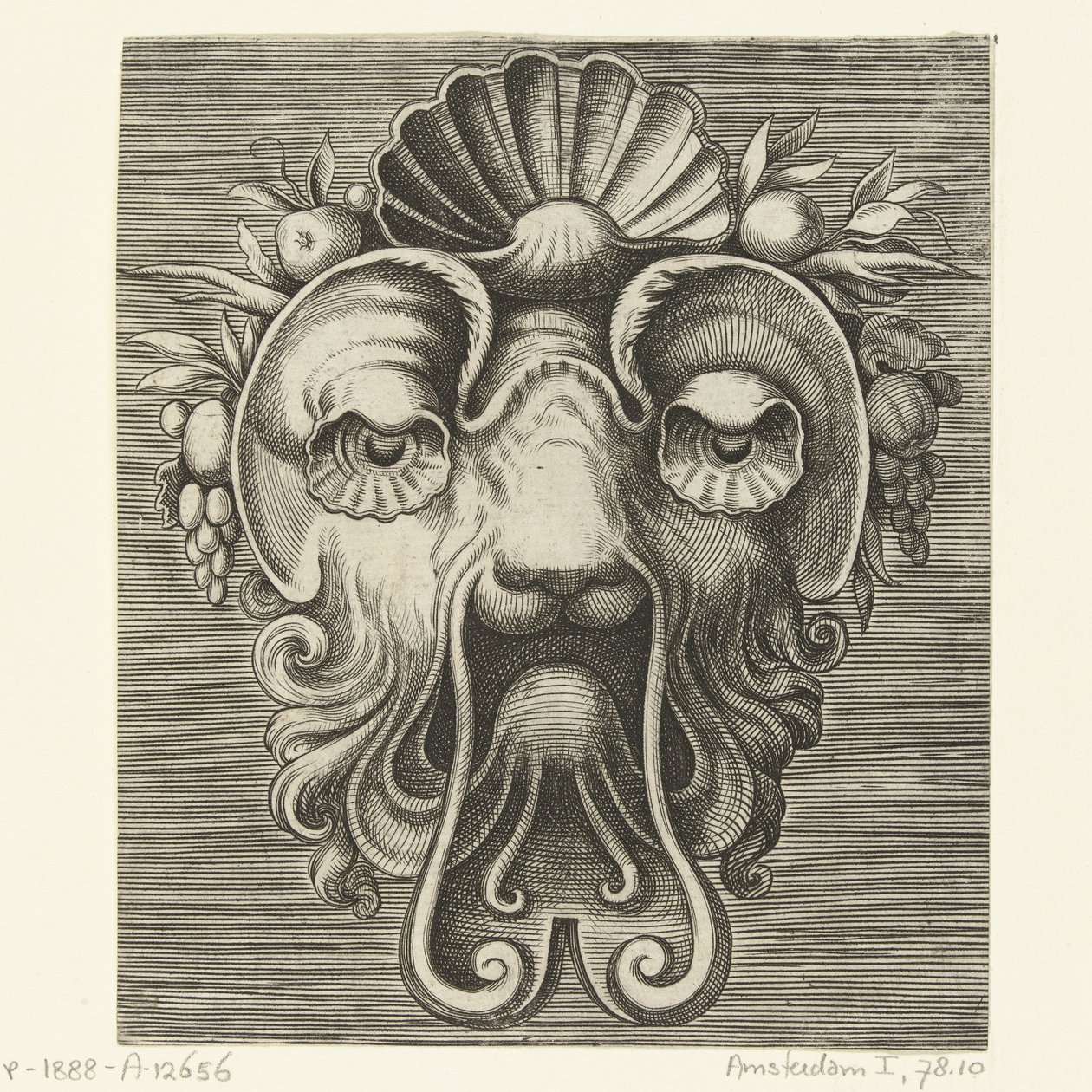 Mask med skalformade ögon och ett skal mellan fruktklasar i pannan Pourtraicture ingenieuse de plusieurs facons de masques... (serietitel) av Frans Huys