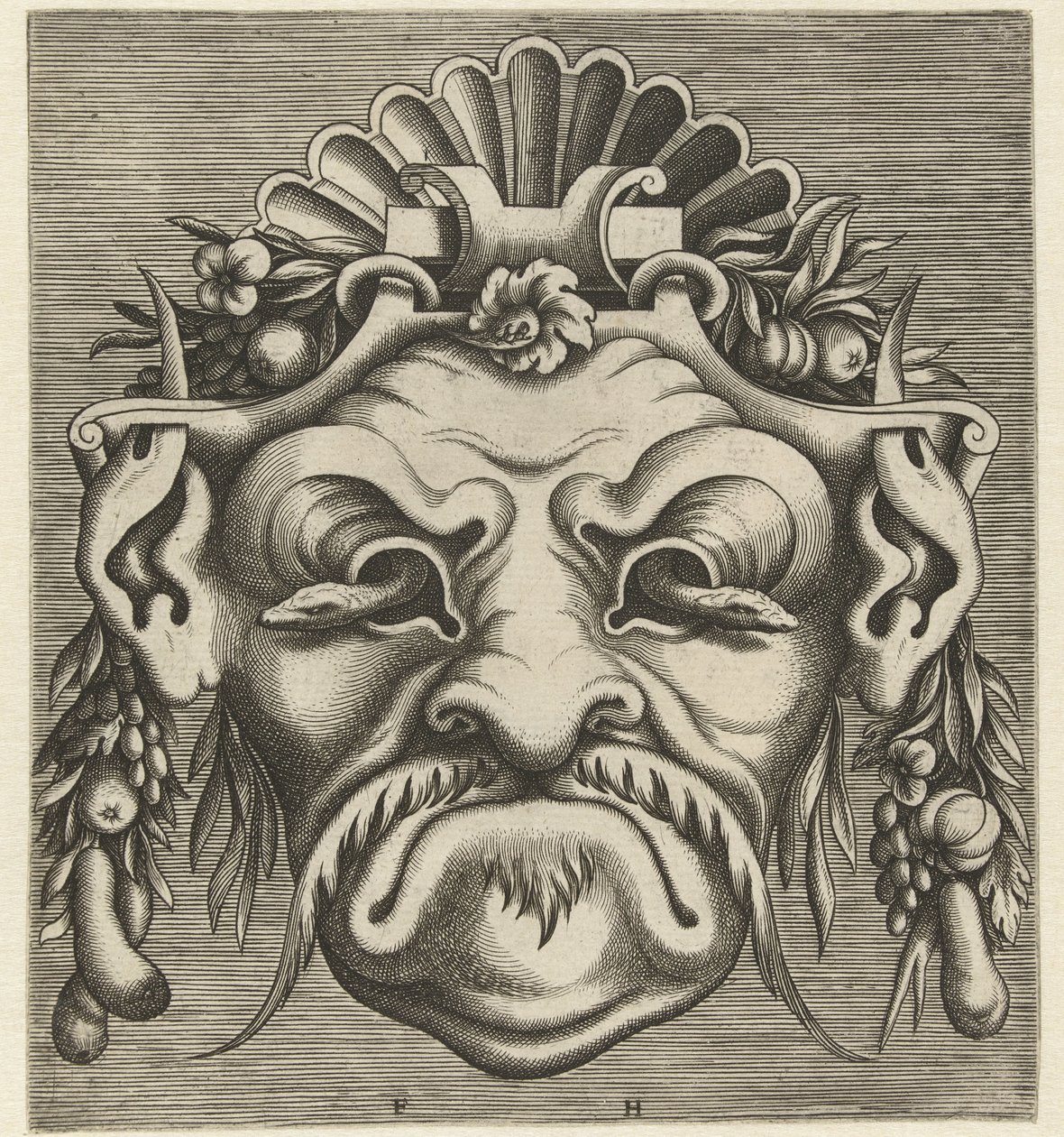 Mask med två ormar som tittar ut ur ögonhålorna Pourtraicture geniala de plusieurs facons de masques... (serietitel) av Frans Huys