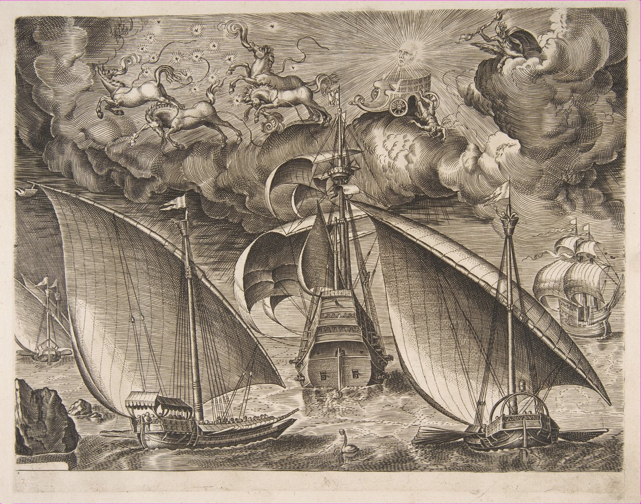 Två galärer som seglar bakom en beväpnad tremästare med Phaeton och Jupiter i himlen, f..., 1561-65. av Frans Huys