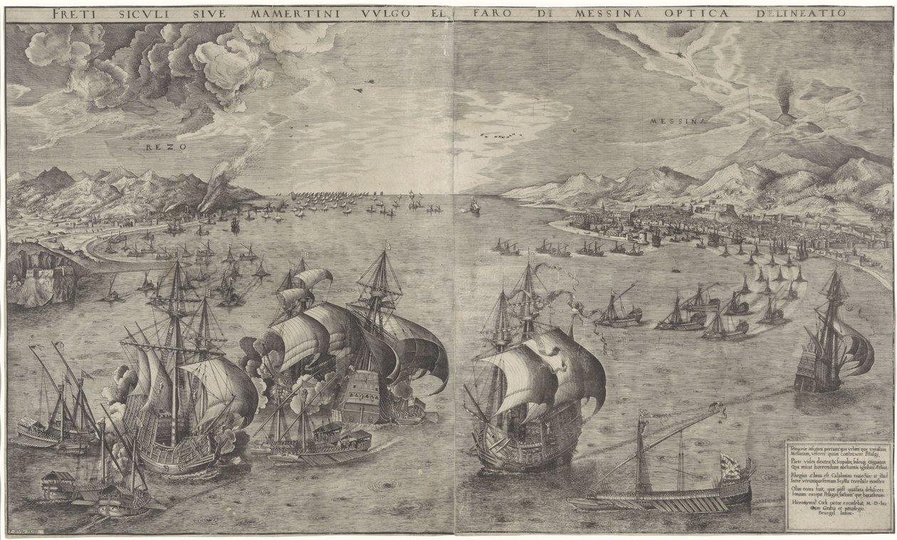 Zeeslag i Straat van Messina Optisk teckning av de sicilianska kusterna eller Mamertine vulgo och Messinas fyr (titel på objektet) av Frans Huys