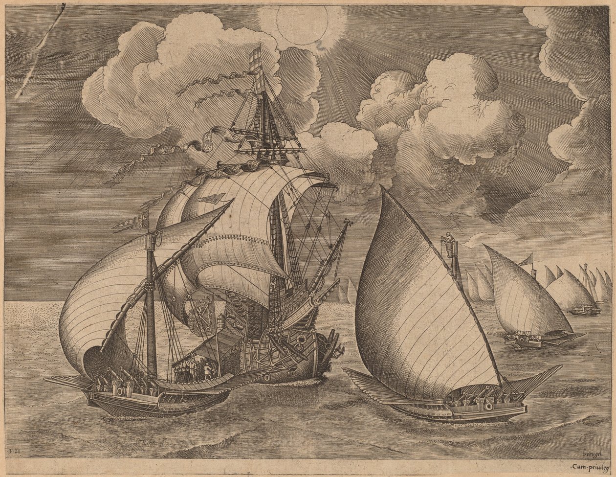 En flotta av galärer eskorterad av en karavell av Frans Huys after Pieter Bruegel the Elder