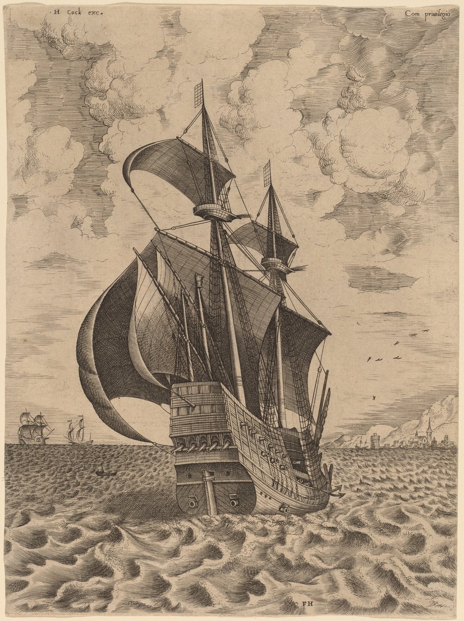 Beväpnad fyrmästare seglar mot en hamn av Frans Huys after Pieter Bruegel the Elder