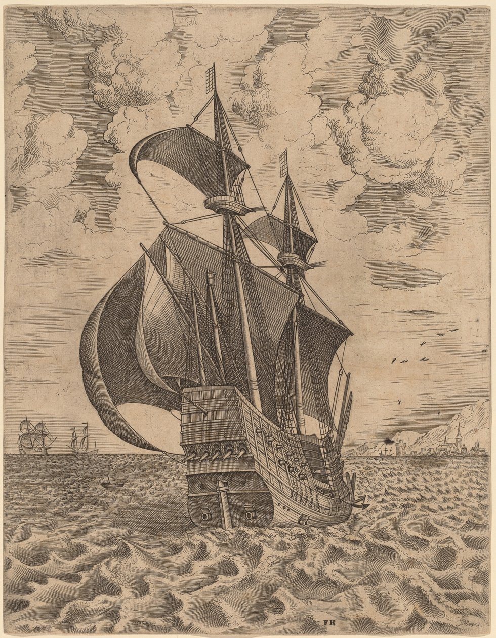 Beväpnad fyrmästare seglar mot en hamn av Frans Huys after Pieter Bruegel the Elder