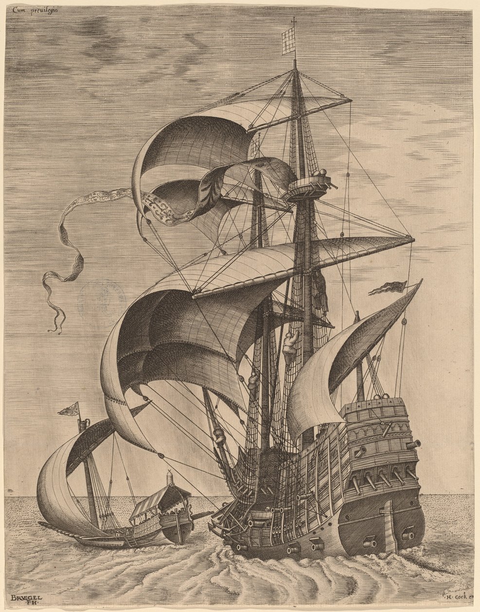 Beväpnad tremästare på öppet hav, åtföljd av ett kök av Frans Huys after Pieter Bruegel the Elder