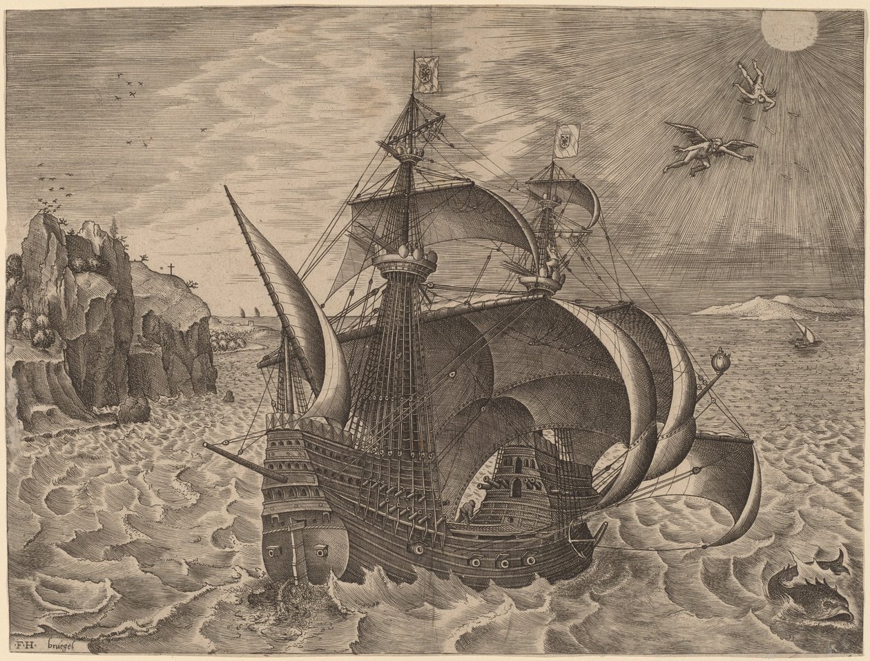 Beväpnad tremästare med Daedalus och Ikaros i himlen av Frans Huys after Pieter Bruegel the Elder