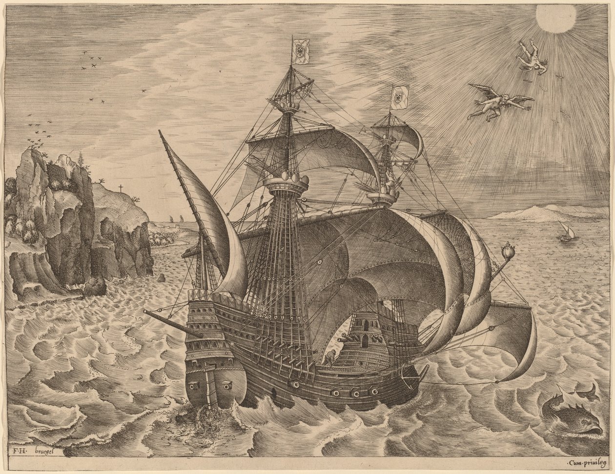 Beväpnad tremästare med Daedalus och Ikaros i himlen av Frans Huys after Pieter Bruegel the Elder