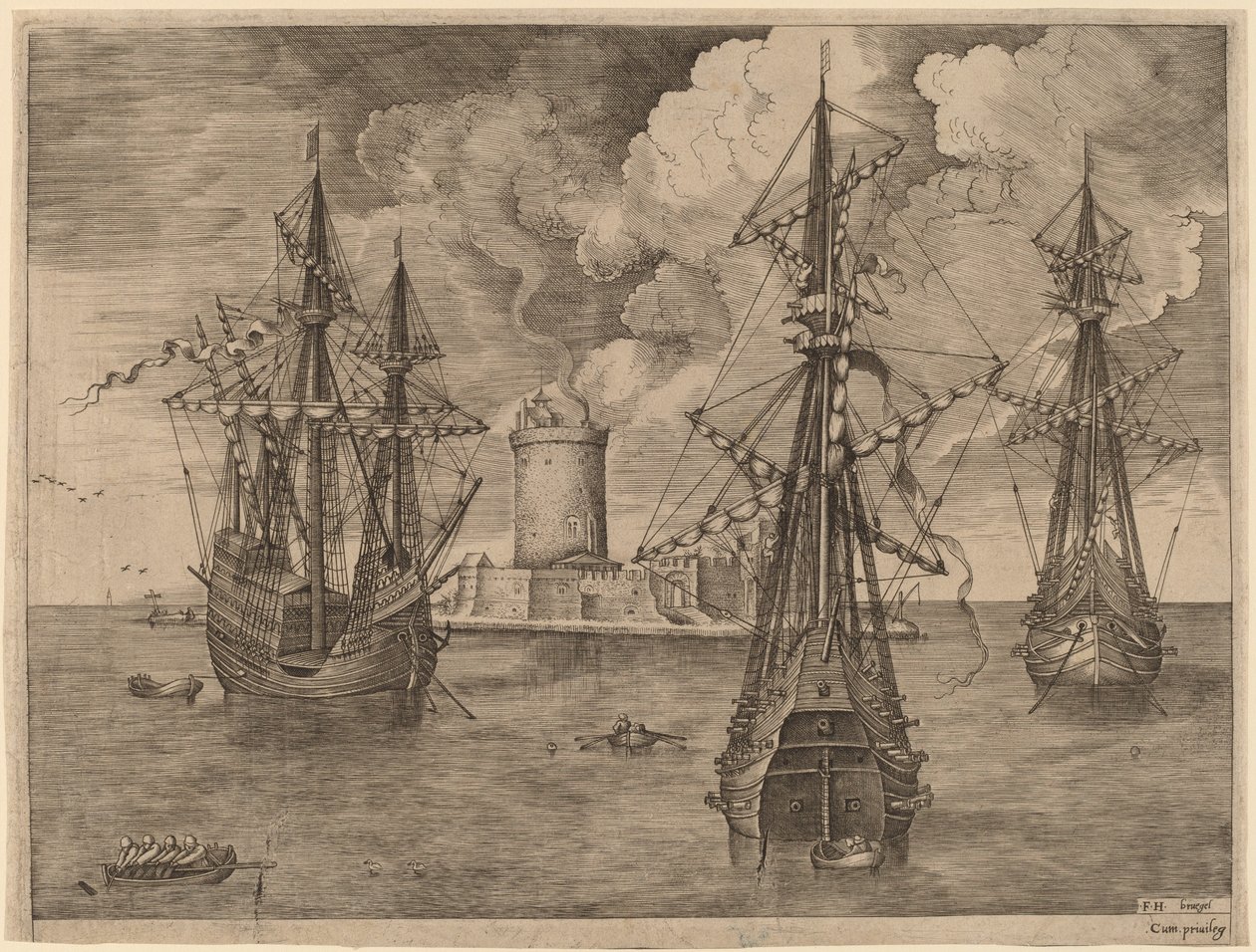 Fyrmästare (vänster) och två tremästare ankrade nära en befäst ö med en fyr av Frans Huys after Pieter Bruegel the Elder