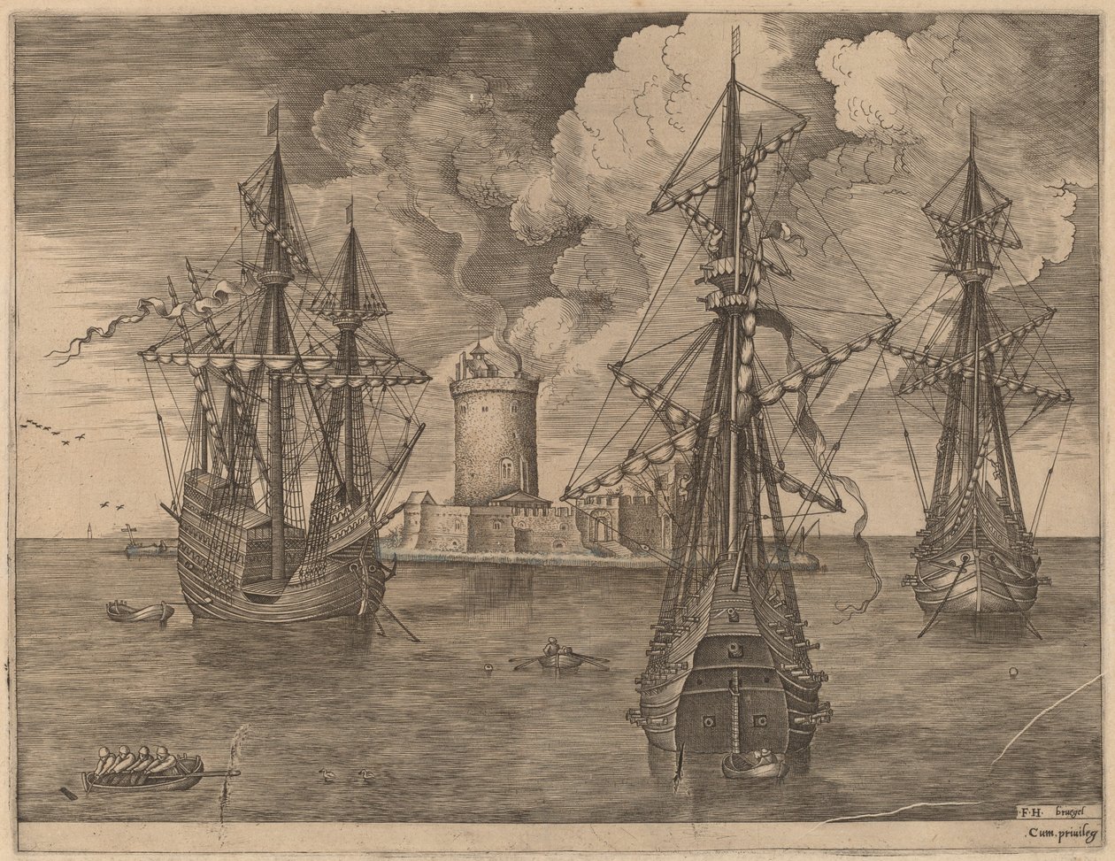 Fyrmästare (vänster) och två tremästare förankrade nära en befäst ö med en fyr av Frans Huys after Pieter Bruegel the Elder