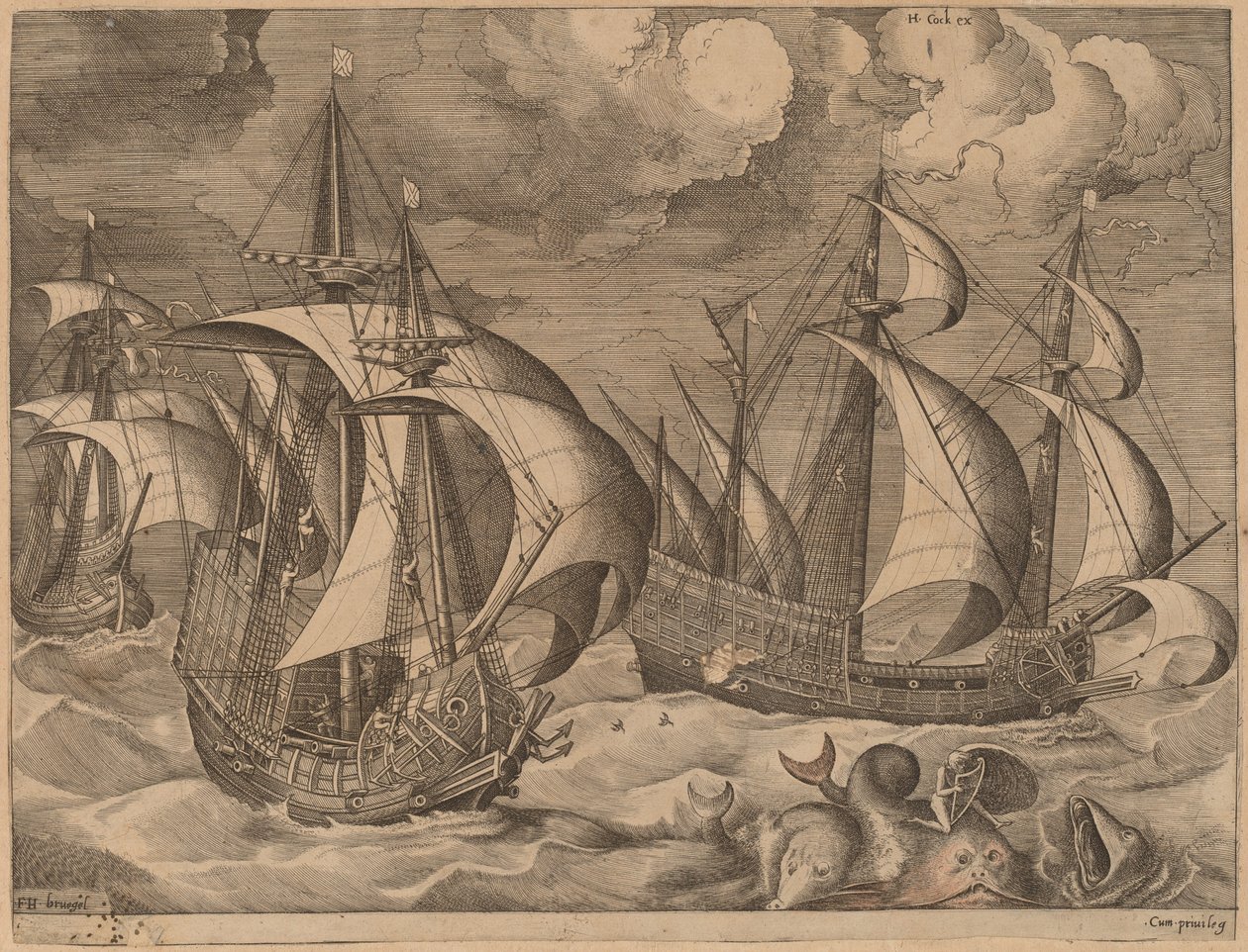 Tre karaveller i ett stigande regn med Adrion på en delfin av Frans Huys after Pieter Bruegel the Elder