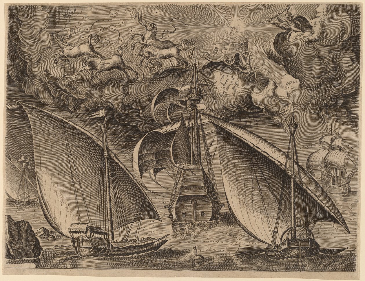 Två galärer bakom en beväpnad tremästare med Phaethon och Jupiter i himlen av Frans Huys after Pieter Bruegel the Elder