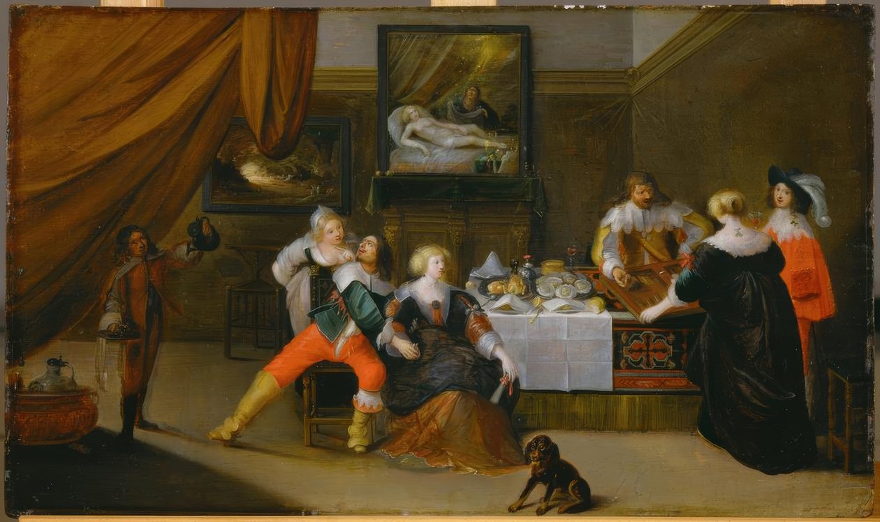 Samhällsscen med en bild av Danae i bakgrunden av Frans III Francken