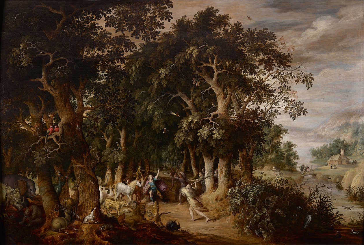En glänta i ett tjockt skogslandskap med många djur och Orfeus attackerad av de thrakiska kvinnorna (olja på panel) av Frans II Francken