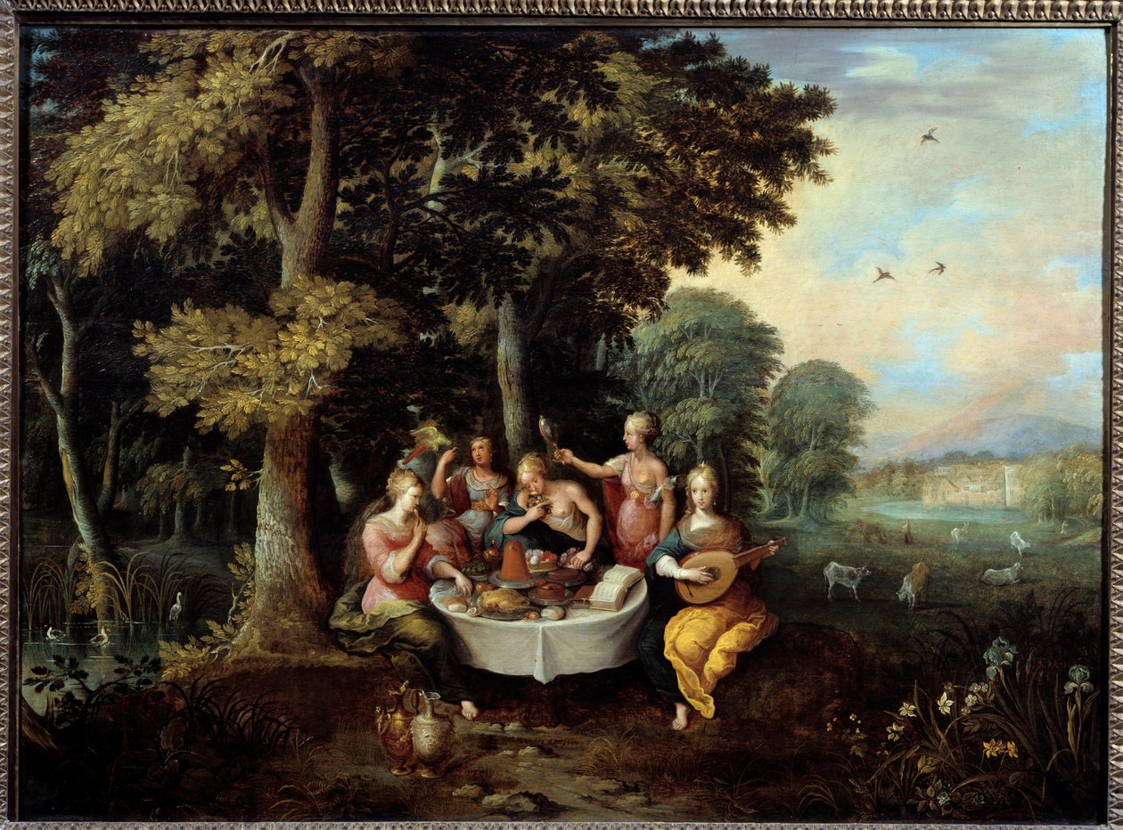 De fem sinnena unga kvinnor i ett landskap med bankett (smak), musik (hör), spegel (syn), bukett blommor (doft) och smekning (beröring). Målning av Franz (Frans) Francken II le Jeune (1581-1642) (ec.flam.) 1600-talet sön. 0,65x0,9 m Toulouse, musée av Frans II Francken