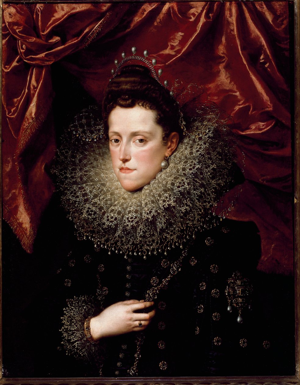 Porträtt av Eleanor de Medici (Eleonora de Medici) (1566-1611) Prinsessan av Toscana Hon har en jordgubbskrage. Målning av Frans Pourbus Le Jeune (Francois (Franz) Porbus av Frans II Pourbus