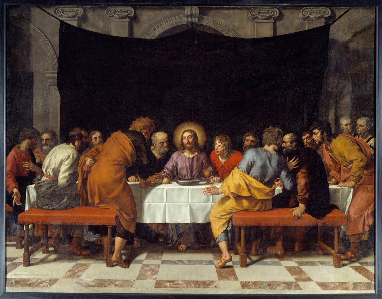 Cene Kristus omger apostlar. Målning av Frans Pourbus Le Jeune (Francois (Franz) Porbus av Frans II Pourbus