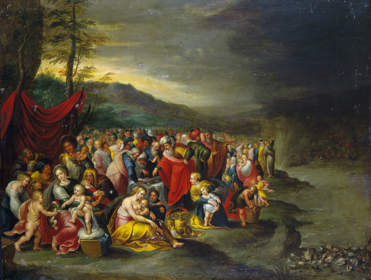 Röda havets passage - olja på koppar från verkstaden i Francken, Antwerpen av Frans II the Younger (workshop of) Francken