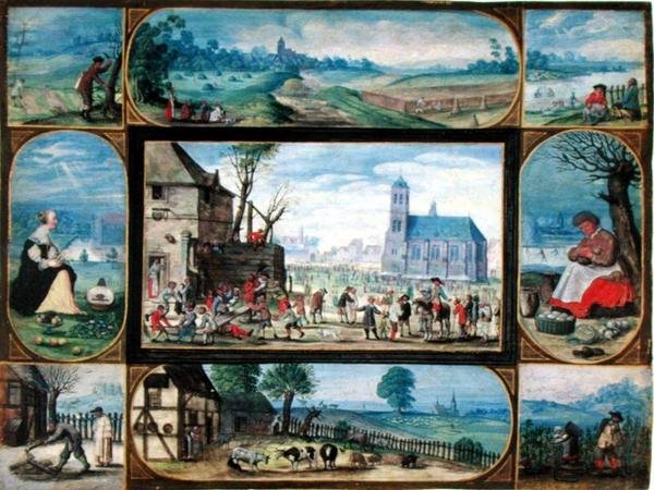 Sammansatt av tio allegoriska scener av livet i staden och på landet (gouache med inslag av guld på veläng) av Frans II the Younger Francken