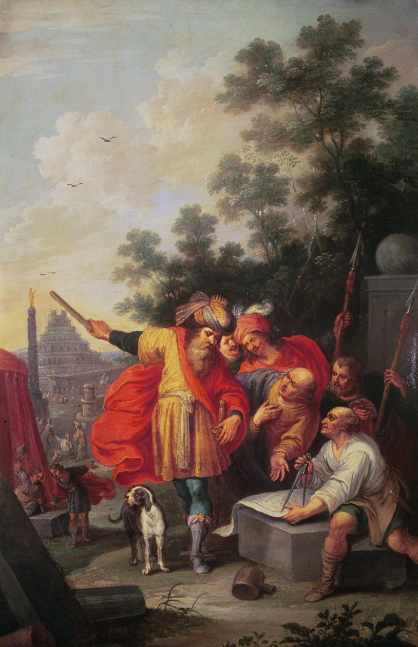 Konstruktionen av Babels torn, eller Nimrod pratar med arkitekter (olja på duk) av Frans II the Younger Francken