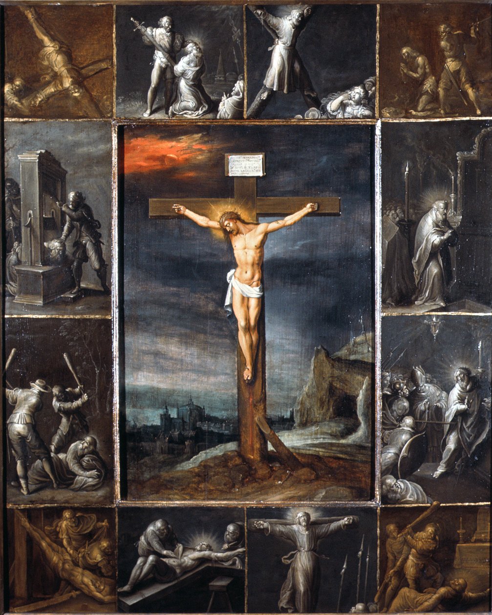 Den korsfäste Kristus inramad med scener av apostlarnas martyrskap av Frans II the Younger Francken
