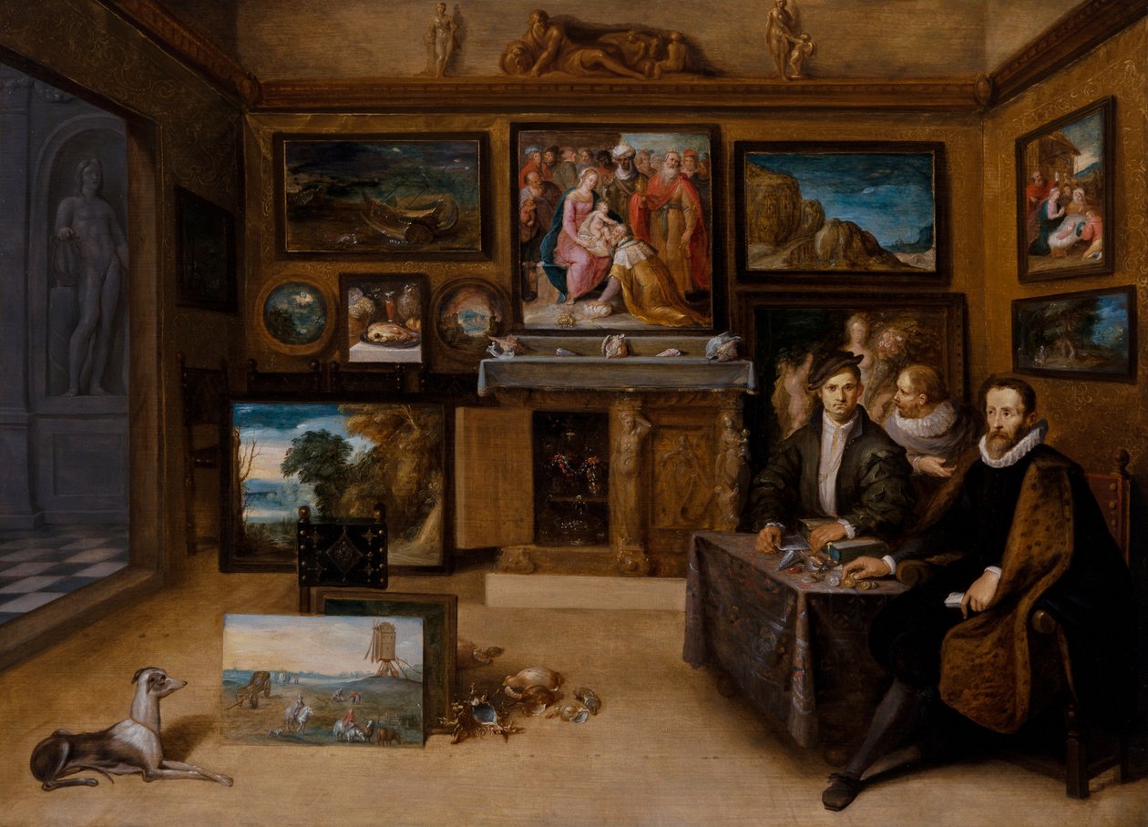 Interiören av ett samlarskåp med Justus Lipsius och två Conslefhebbers av Frans II the Younger Francken