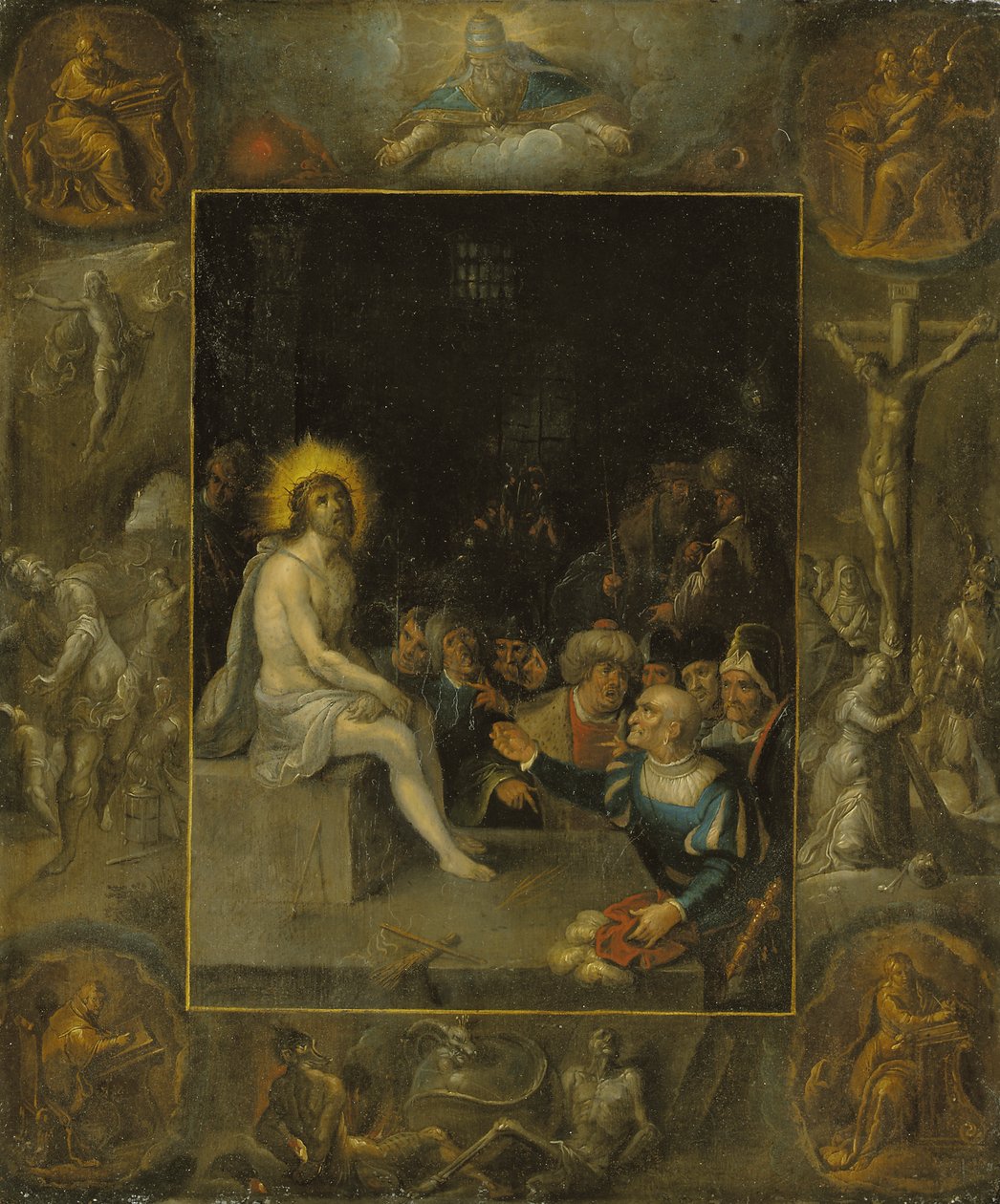 Kristi hån, i en grisaille omgivning som visar Gud Fadern, evangelisterna, Korsfästelsen, Uppståndelsen och Djävulen och döden med den krönade ormen av Frans II the Younger Francken