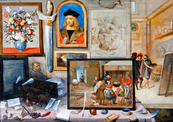 Interiören i en konstnärs ateljé (olja på panel) av Frans II the Younger and workshop Francken