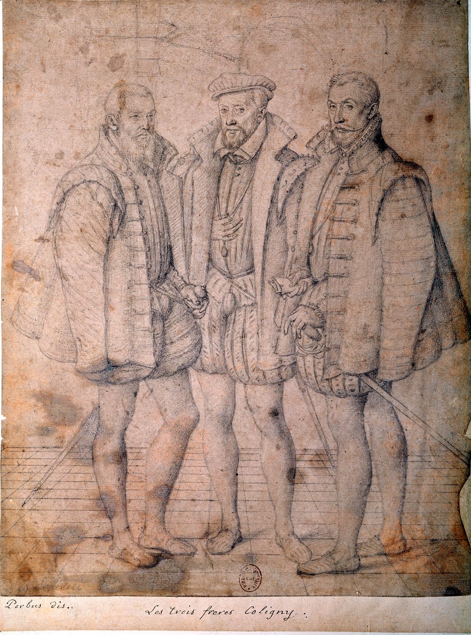 Porträtt av de tre Coligny: kardinal Odet (1515-1571), Gaspard (1517-1572), amiral av Frankrike och Francois (1521-1569), herre av Andelot. Teckning tillskriven Frans (Francois (Franz) Pourbus l