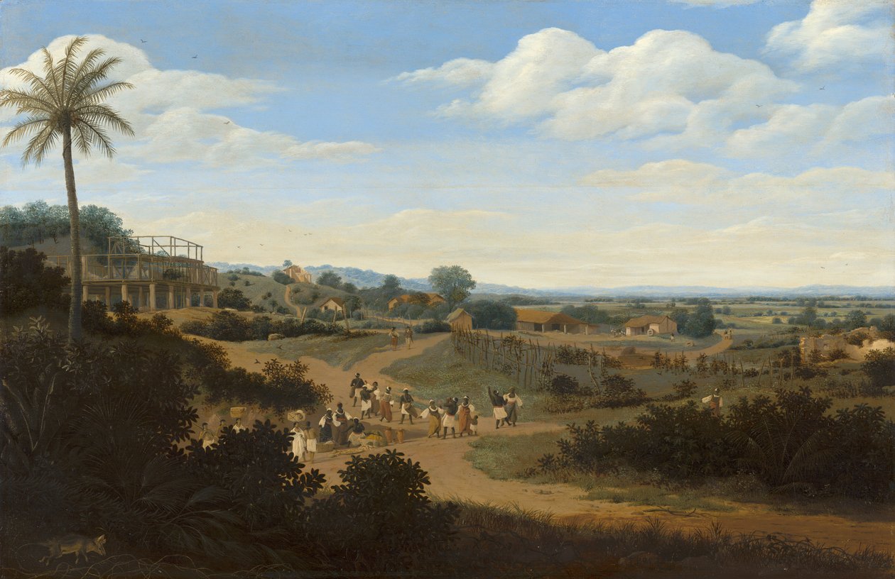 Brasilianskt landskap med ett hus under uppbyggnad, ca 1655-60 (olja på panel) av Frans Jansz Post