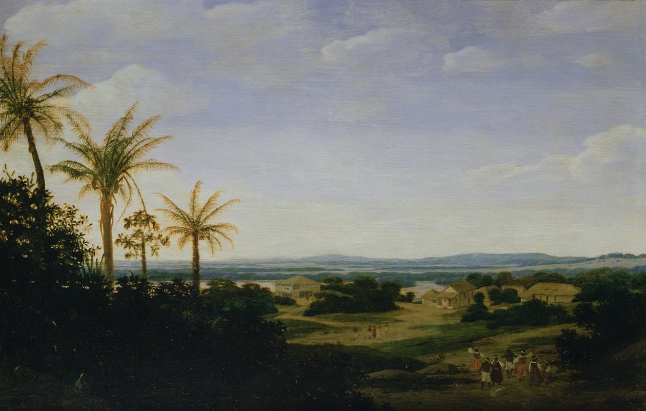 Brasilianskt landskap med det portugisiska residenset, kyrkan och Casa Granda, floden Varzea bortom av Frans Post