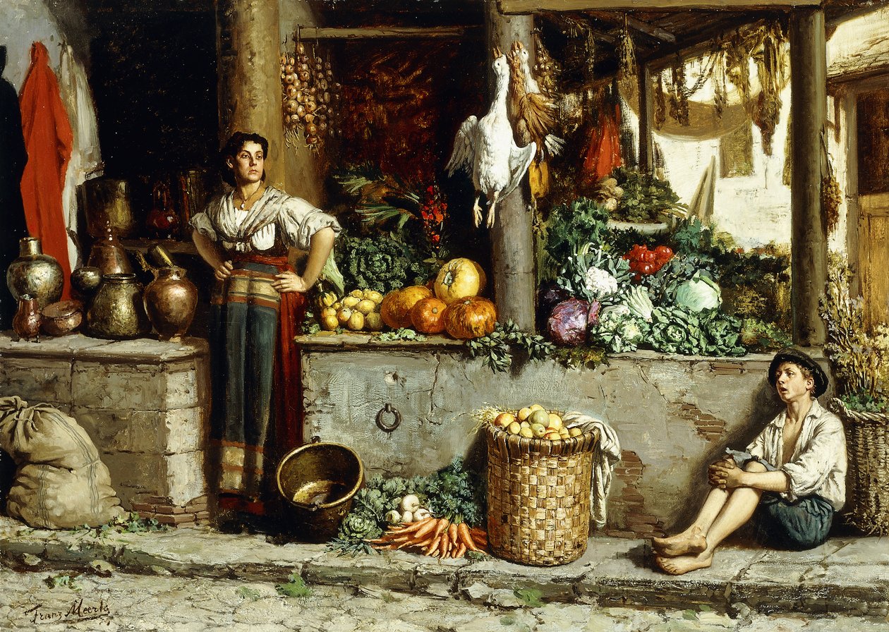 En grönsaksmarknad; En grönsaksmarknad, 1874 av Frans Meerts