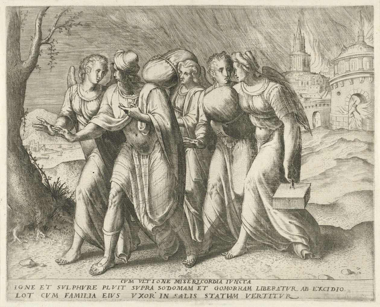 Lot lämnar Sodom Med hämnd förenad med barmhärtighet (titel på föremål) Geschiedenis van Lot (serietitel) av Frans Menton