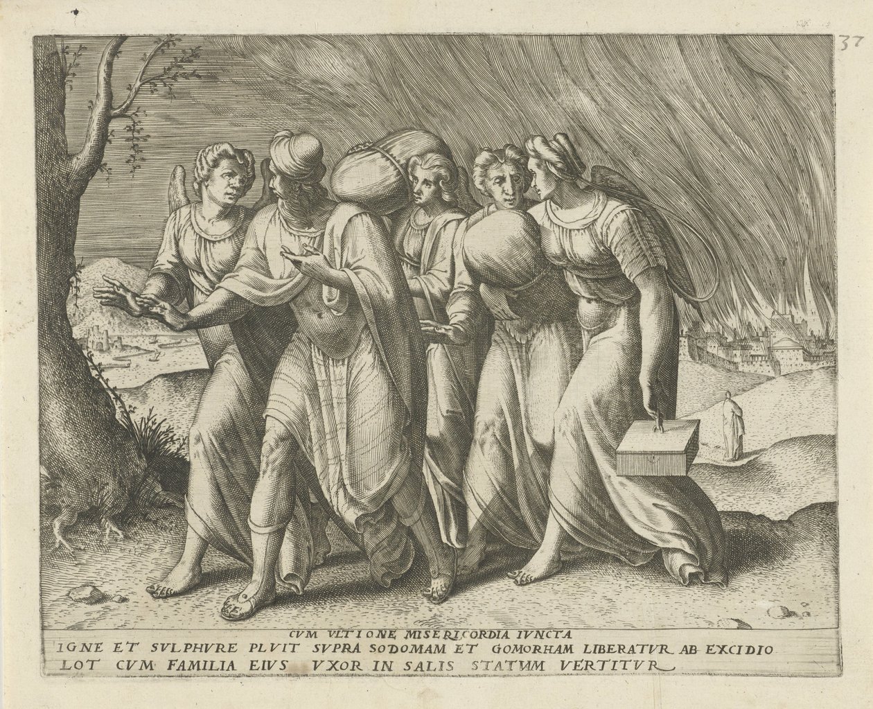 Lot lämnar Sodom Med hämnd förenad med barmhärtighet (titel på föremål) Geschiedenis van Lot (serietitel) av Frans Menton