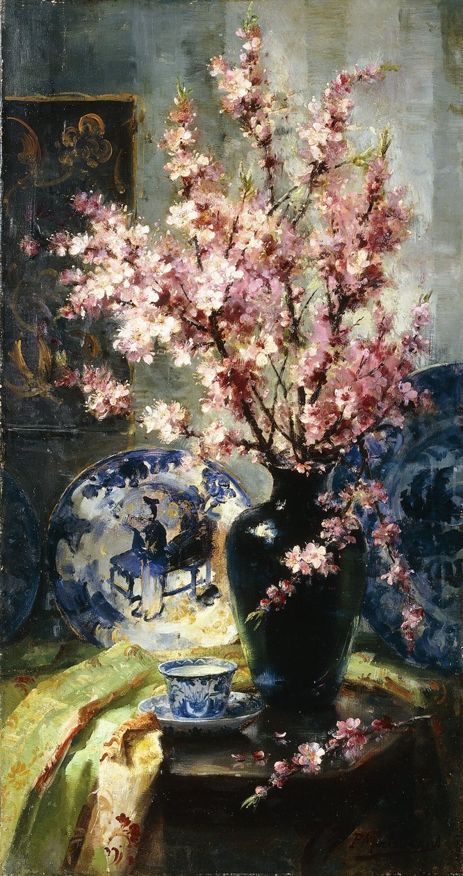 Äppelblommor och blåvitt porslin på ett bord av Frans Mortelmans