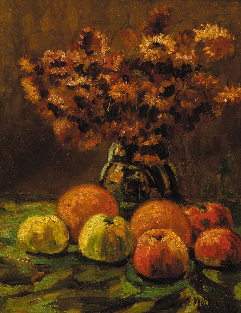 Äpplen, apelsiner och en vas med blommor på ett bord (olja på panel) av Frans Mortelmans