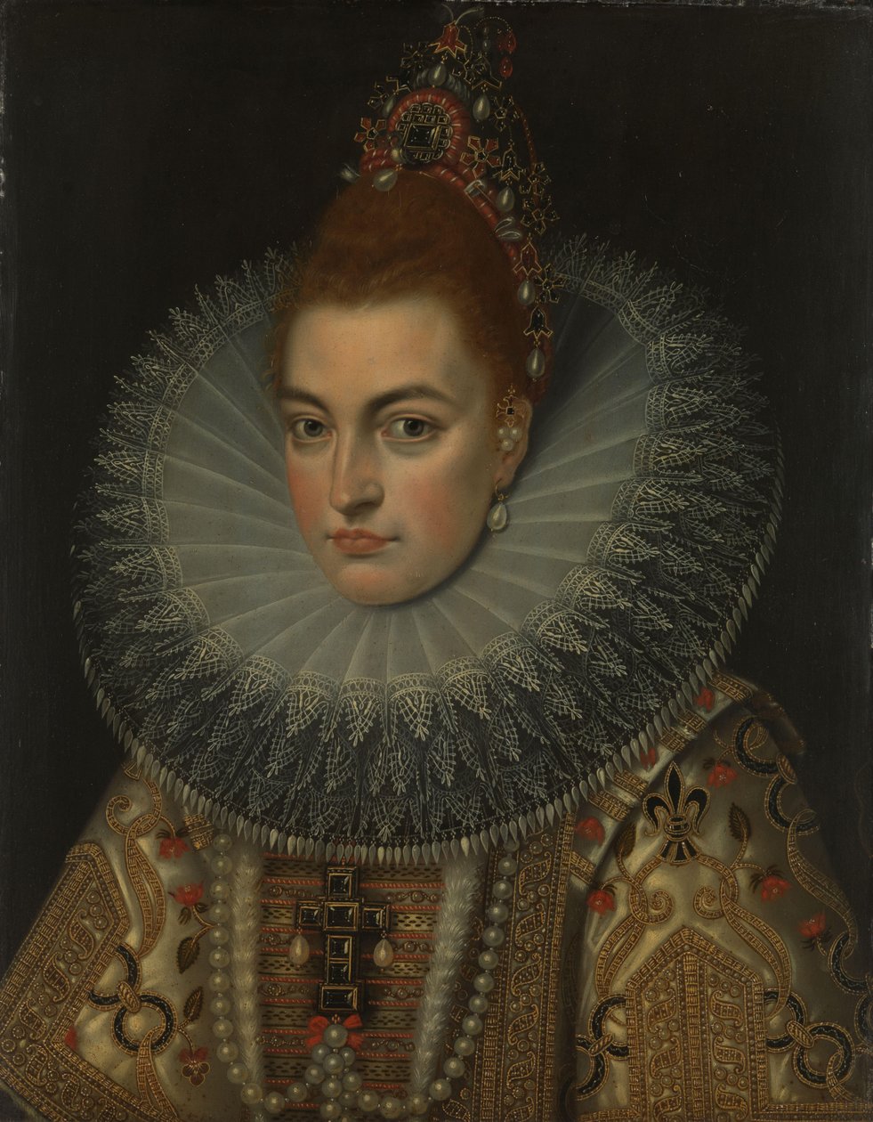 Porträtt av ärkehertiginnan Isabella Clara Eugenia (1566-1633), Infanta av Spanien av Frans Pourbus (II) (workshop of)
