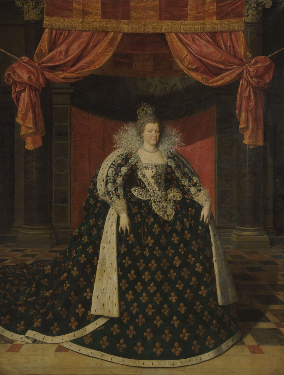 Porträtt av Marie de Médicis (1575-1642), Frankrikes drottning, i statsdräkt av Frans Pourbus (II) (workshop of)
