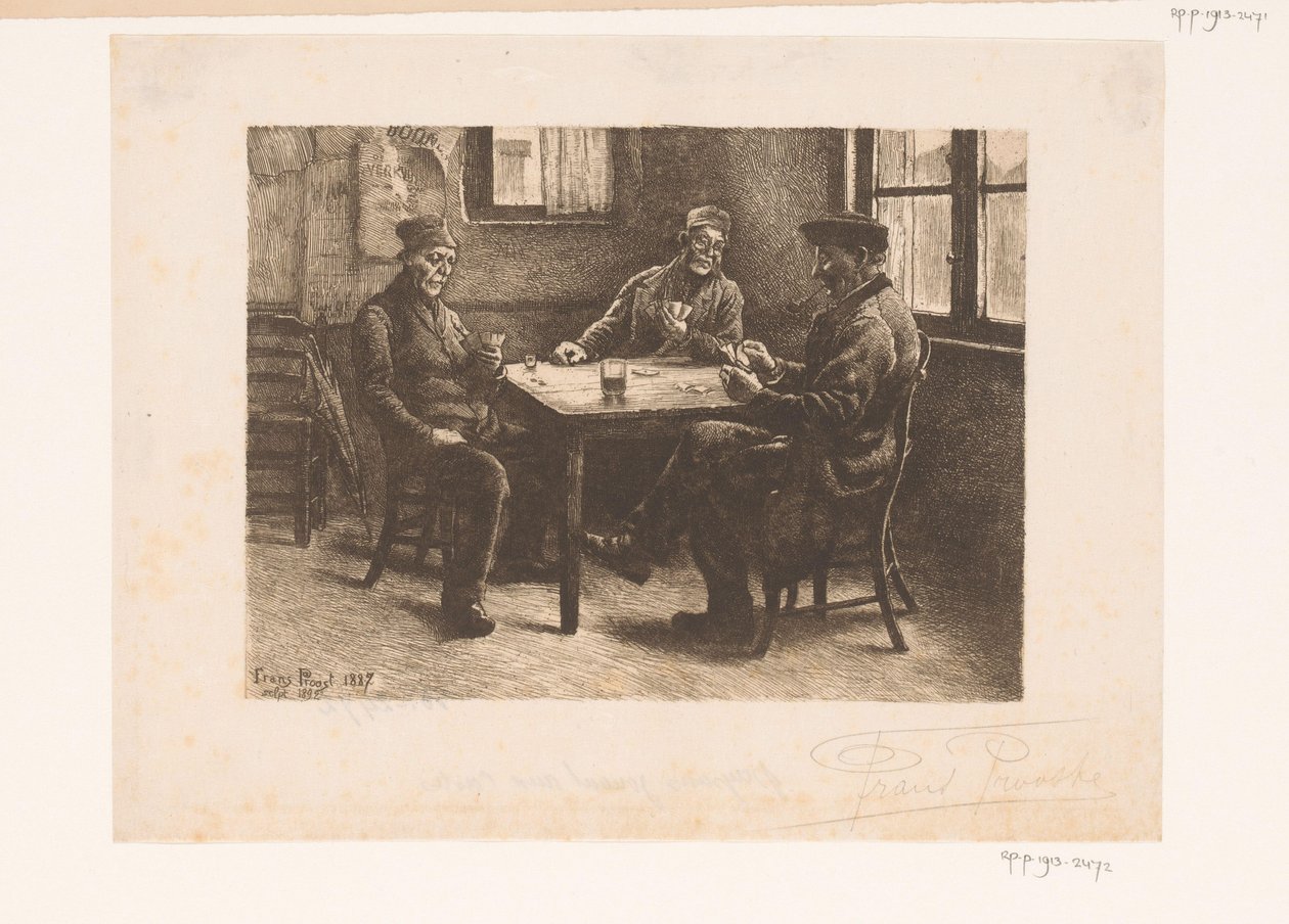 Tre män som spelar kort på ett kafé av Frans Proost (signed by artist)