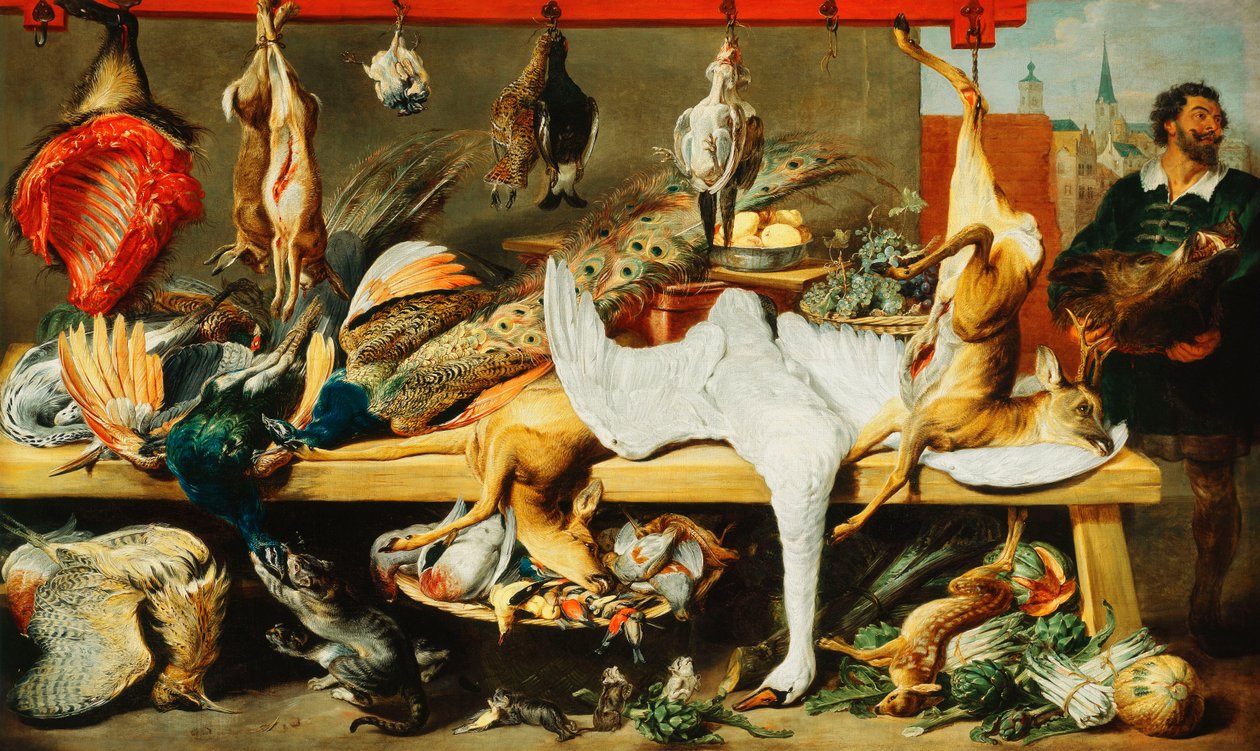 En slaktarstall med katter och kattungar som leker och en slaktare som håller ett galthuvud av Frans Snyders or Snijders