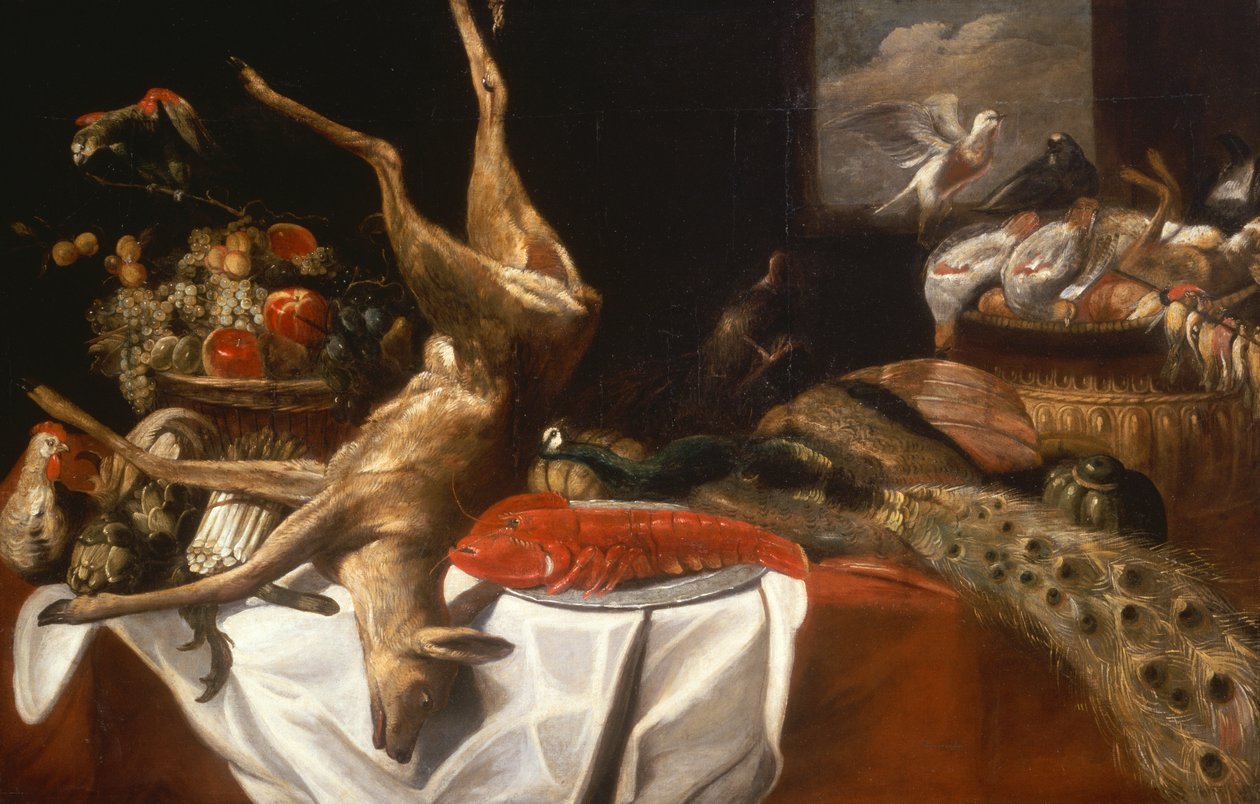 En död hjort och fåglar, en hummer på ett fat, en korg med frukt och grönsaker (olja) av Frans Snyders