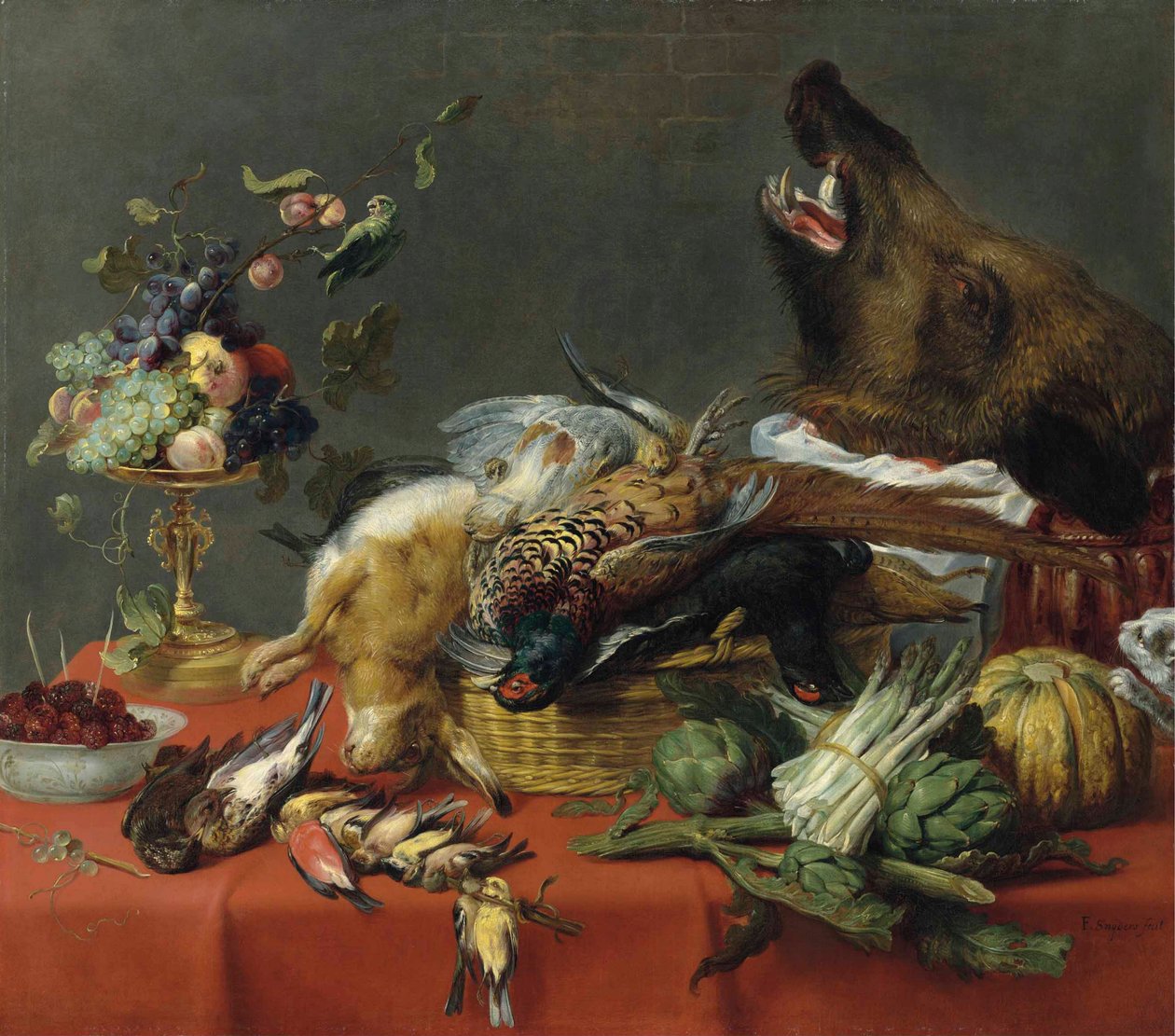 Draperat bord fyllt med vilt, frukt, grönsaker och ett vildsvinshuvud av Frans Snyders