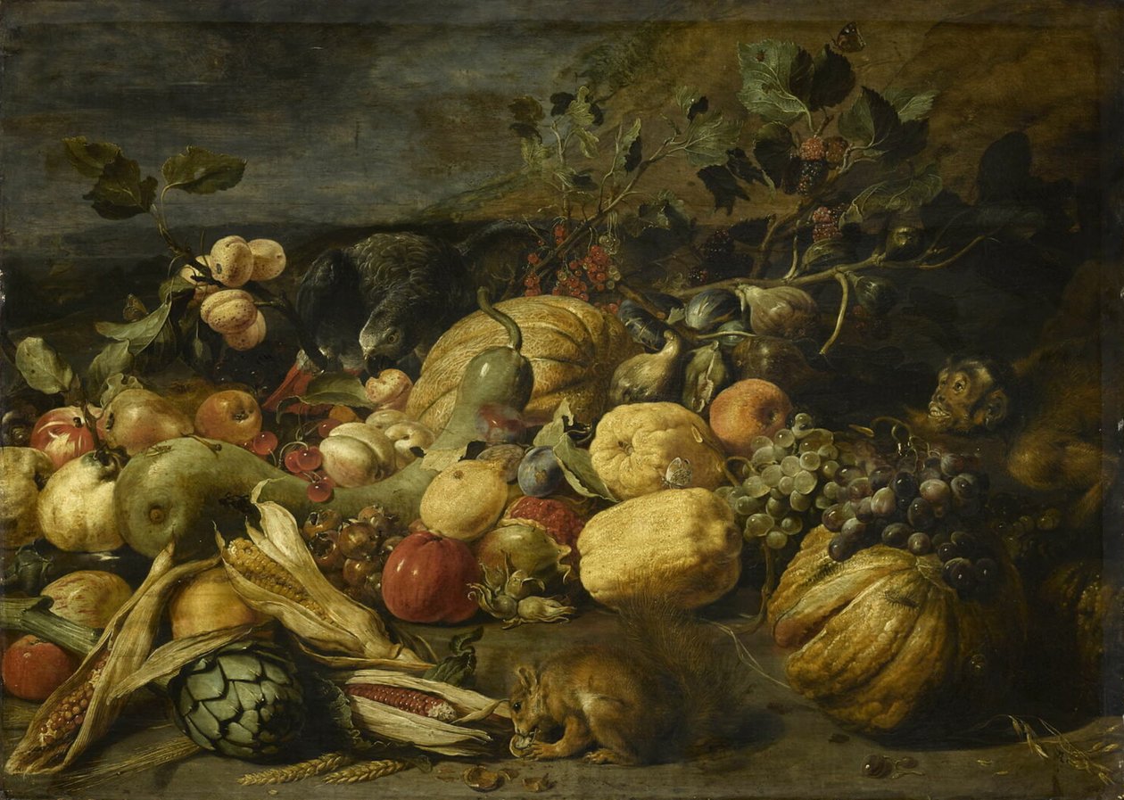 Frukt och grönsaker med en apa, en papegoja och en ekorre av Frans Snyders