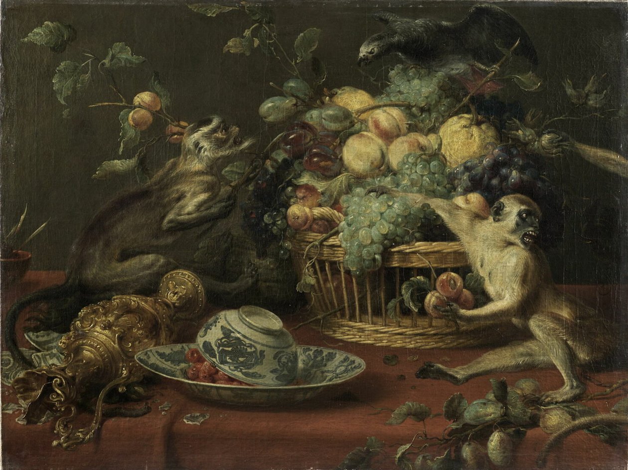 Apor och papegoja nära en fruktkorg av Frans Snyders
