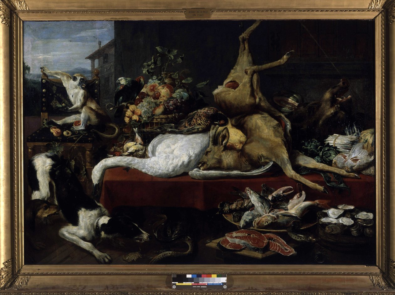 Stilleben av vilt, fisk, frukt och grönsaker (olja på duk) av Frans Snyders