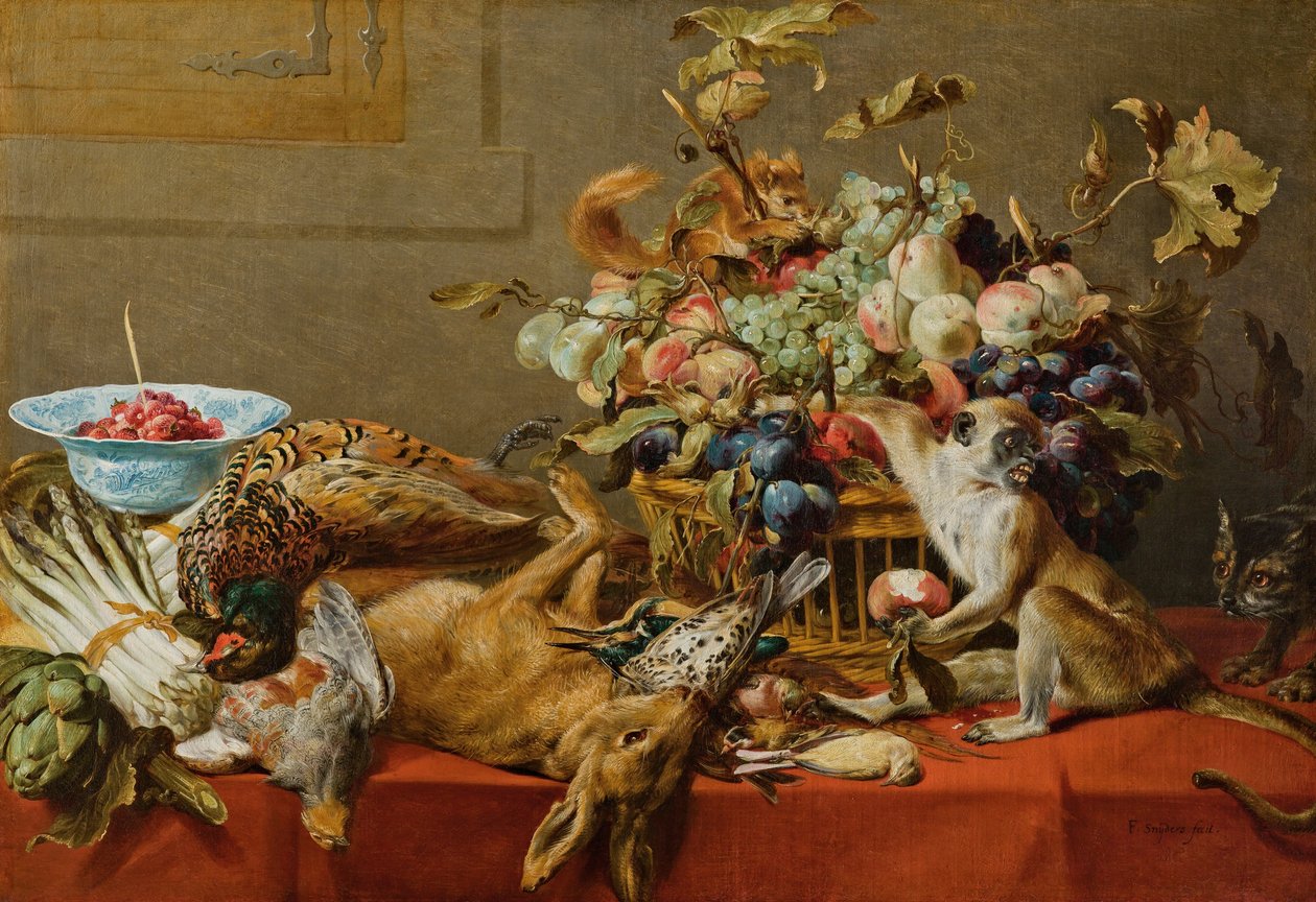 Stilleben med frukt, dött vilt, grönsaker, en levande apa, ekorre och katt av Frans Snyders